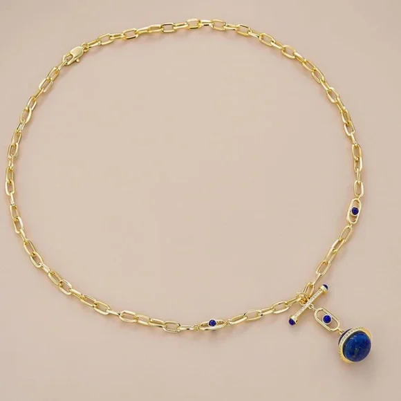 NEW 18K Gold Plated Blue Natural Stone Lapis Lazuli Round Globe Oval Necklace